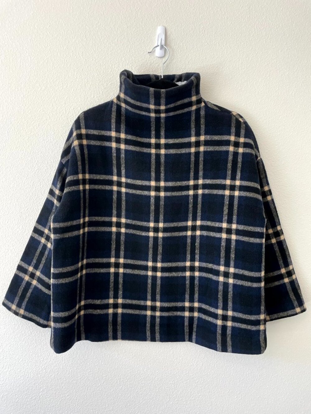 Ganni Navy Plaid Wool Pullover Funnel Neck Sweater - S
